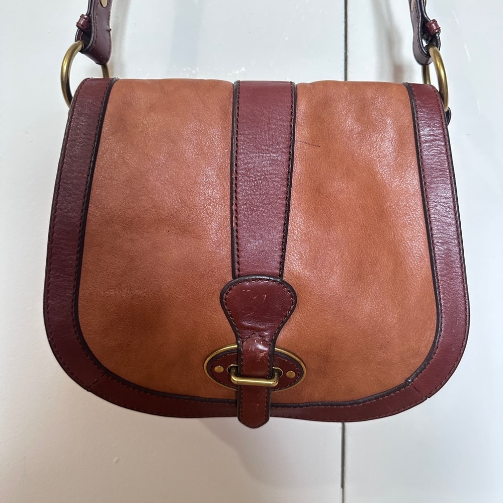 FOSSIL VINTAGE Reissue Two Tone Flap Closure Leather Satchel Crossbody Bag Purse